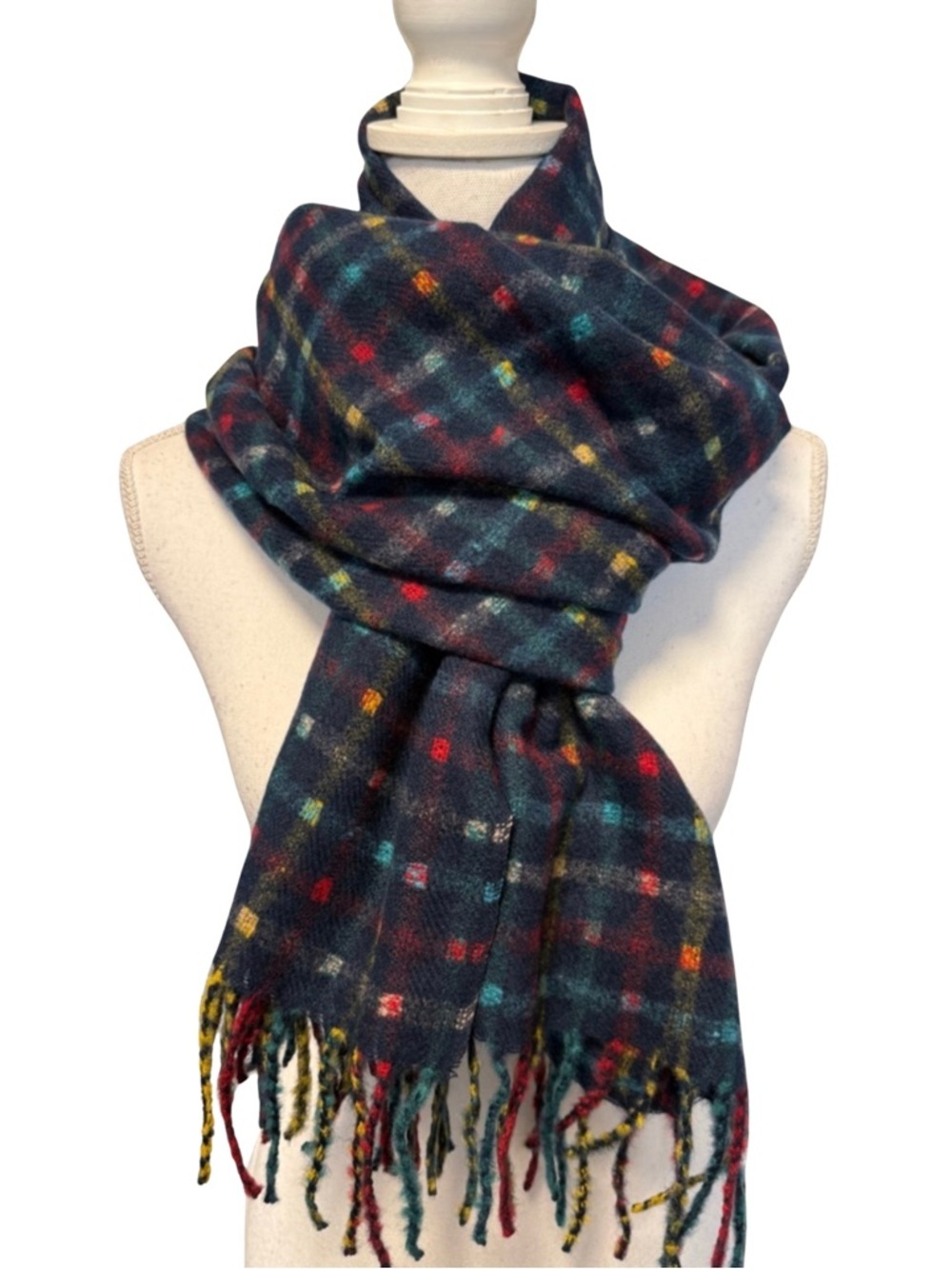 Fadivo NWT Navy Plaid Dot Reversible Scarf Multicolor Accents  Women One Size